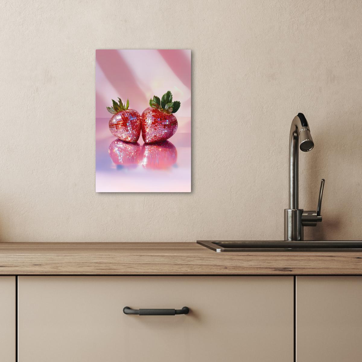 LEINWANDBILD Disco - Obst - Glitzer - Erdbeere Deko Wohnzimmer 20x30 cm - Pink, Textil (20/30cm) - MuchoWow