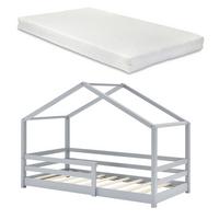 HAUSBETT Knätten mit Matratze - Hellgrau, Holz/Textil (90/200cm) - [en.casa]
