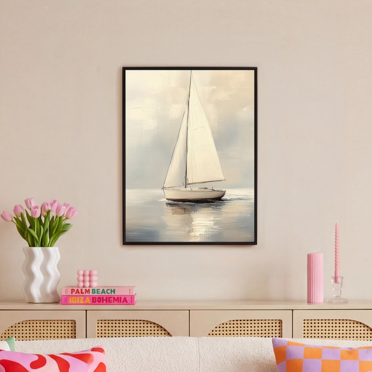 LEINWAND Bilder mit Rahmen - Segelschiff - Meer - Bewölkt - 60x80 - Creme, Textil (60/80cm) - MuchoWow