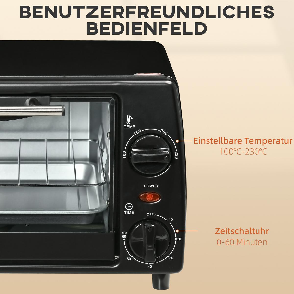 MINIBACKOFEN Metall Gehärtetes Glas Schwarz - Schwarz, Metall (36.5/26/22cm) - HOMCOM