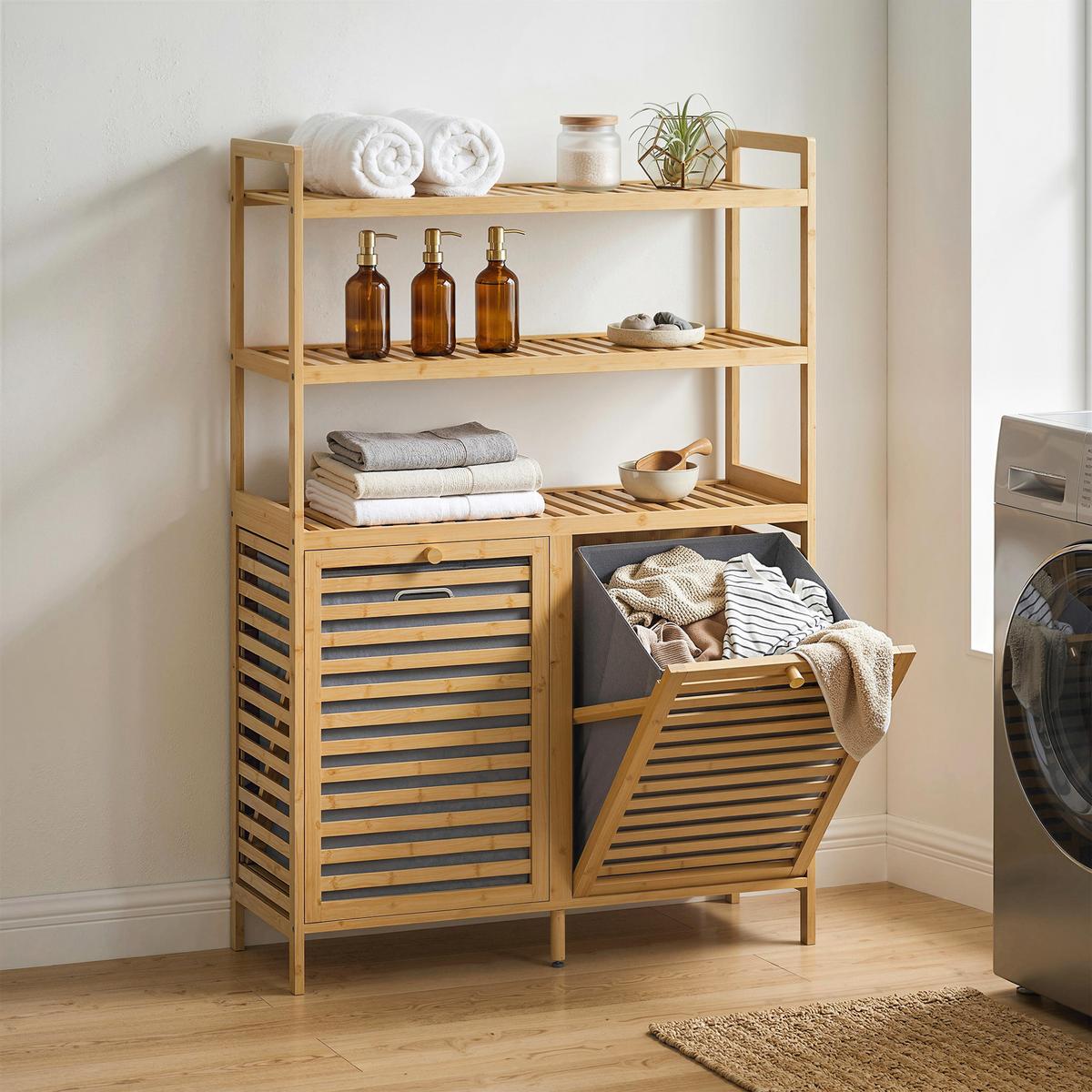 WÄSCHESCHRANK Bambus Vliesstoff Eiche - Eichefarben/Goldfarben, Naturmaterialien/Bambusholz (30/118/80cm) - HOMCOM