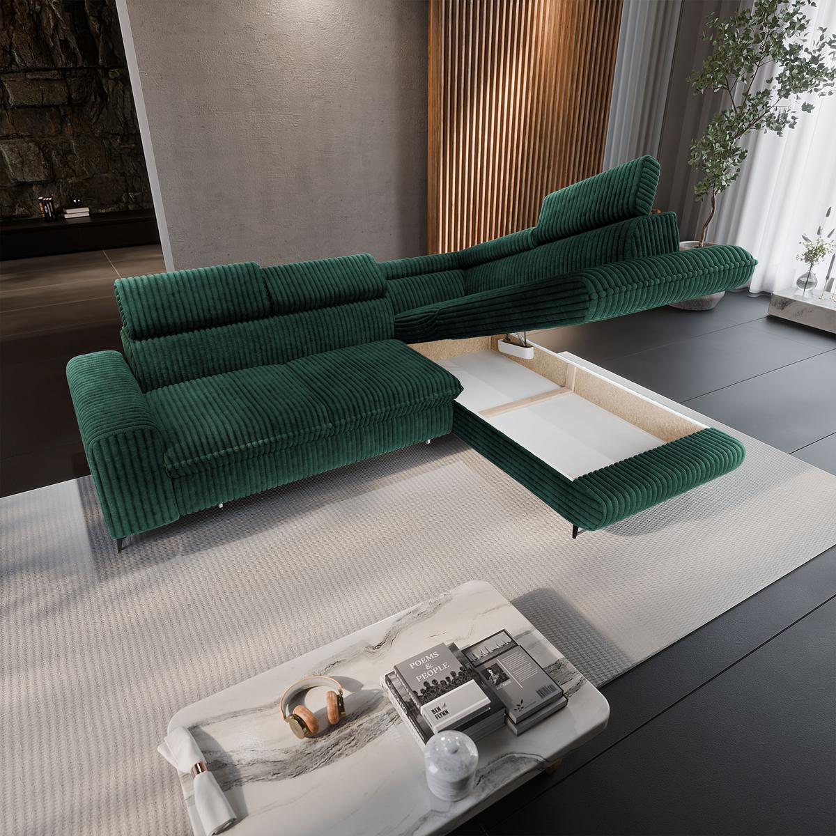ECKSOFA VELISS Grün Kordstoff mit Schlaffunktion - Grün, Holz (255/193cm) - MASSENO