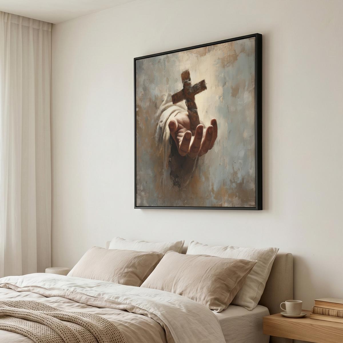 LEINWAND Bilder mit Rahmen - Abstrakt - Kreuz - Hand - Christentum - 90x90 - Hellbraun, Textil (90/90cm) - MuchoWow