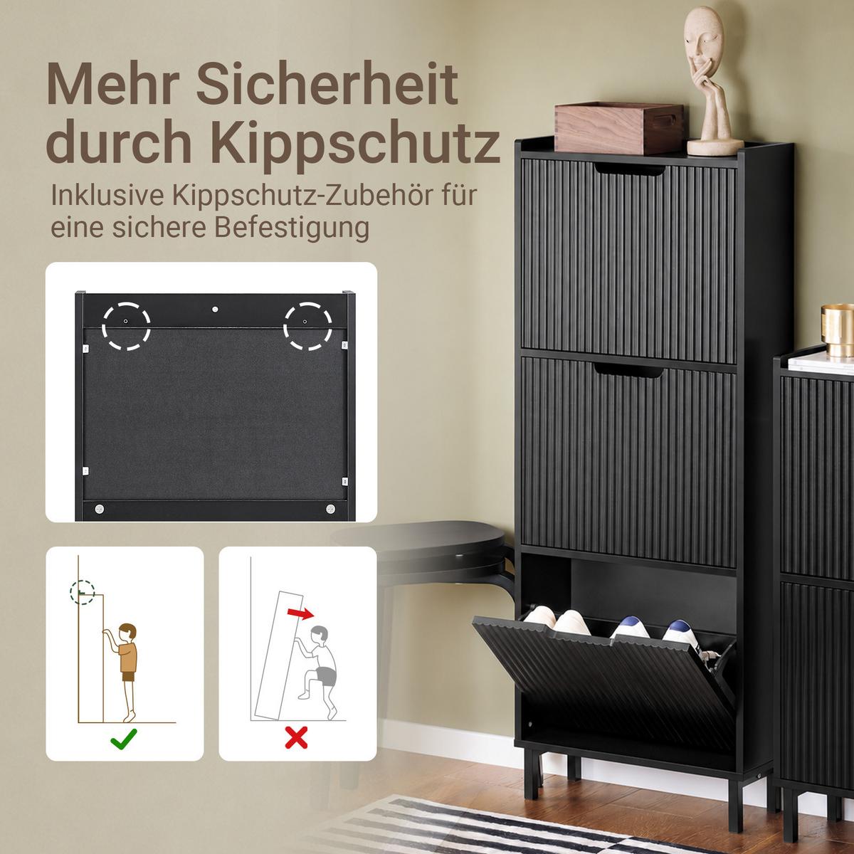 SCHUHSCHRANK schwarz, 130 cm hoch, nur 19 cm tief, 3 Klappen für 6 Paar, Lamellenfront, erweiterbar, für Flur & Diele - Schwarz, Holzwerkstoff/Metall (50/130/19cm) - SoBuy