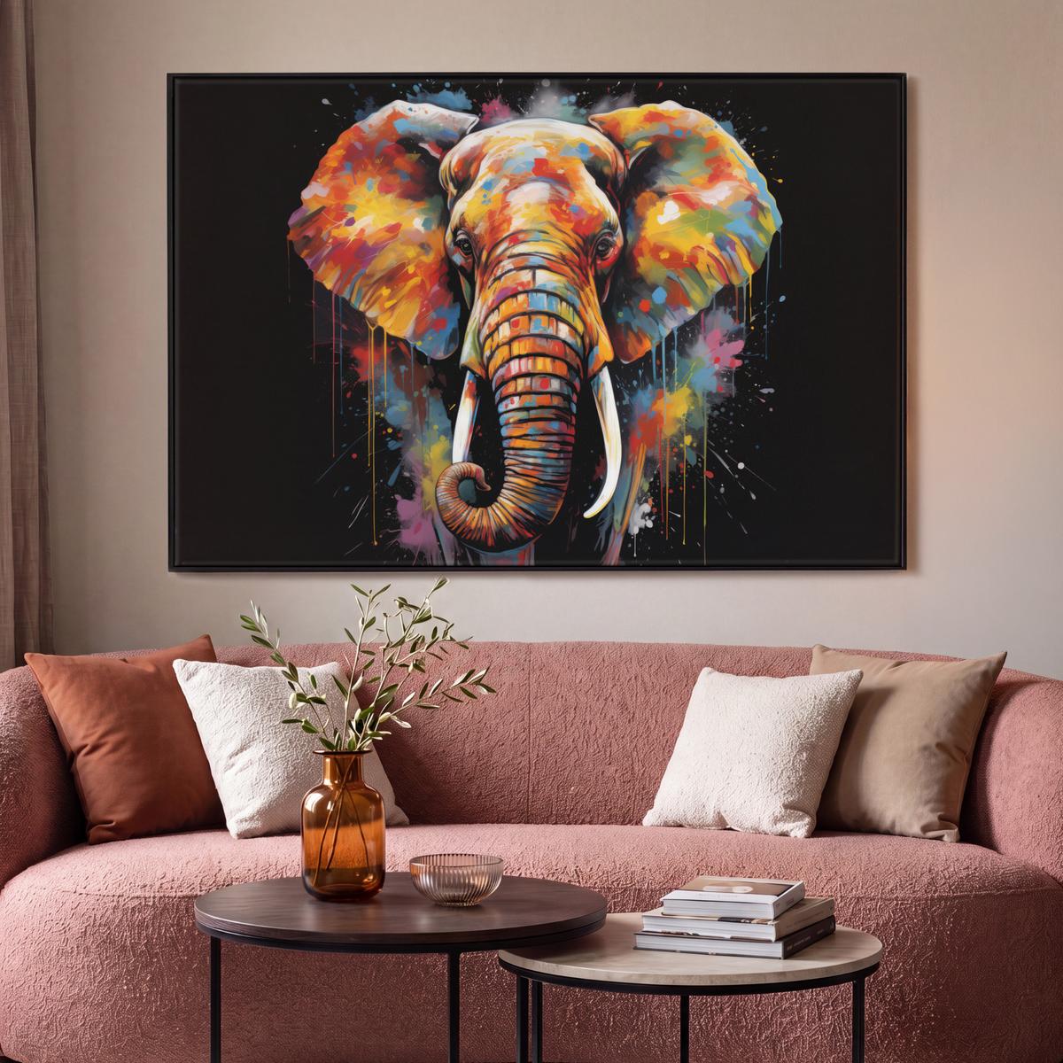 LEINWAND Bilder mit Rahmen - Elefant - Graffiti - Schwarz - Tiere - Farben - 120x80 - Schwarz, Textil (120/80cm) - MuchoWow
