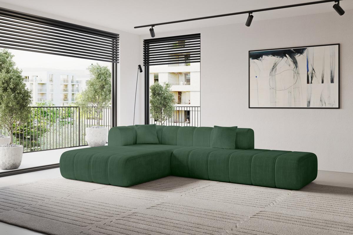 ECKSOFA Ottomane Links BILA-L 289x176x71 Grün Cord - Waldgrün/Schwarz, Holzwerkstoff/Kunststoff (176/289cm) - ALTDECOR