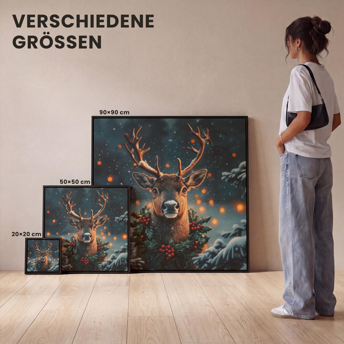 LEINWAND Bilder mit Rahmen - Hirsch - Weihnachten - Winter - Schnee - Weihnachtskranz - 50x50 - Dunkelbraun, Textil (50/50cm) - MuchoWow
