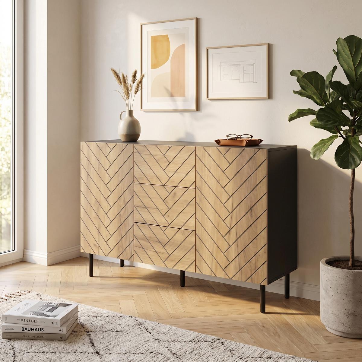 SIDEBOARD 120cm Holzoptik & Schwarz mit 3 Schubladen und 2 Türen - Naturfarben, Holzwerkstoff (120/76/40cm) - Urban Meuble