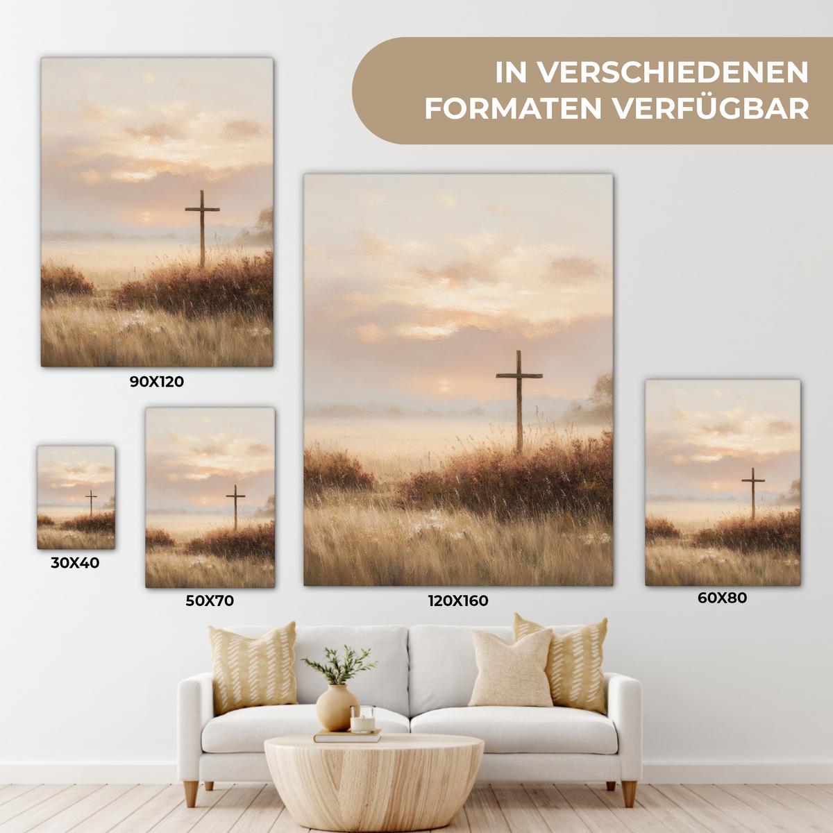 LEINWANDBILD Gras - Morgennebel - Kreuz - Christentum Wandbild Wohnzimmer 60x80 cm - Beige, Textil (60/80cm) - MuchoWow