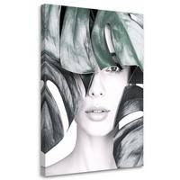 LEINWANDBILD Porträt einer Frau und Monstera-Blättern 70x100cm - Grau, Textil (70/100cm) - Feeby