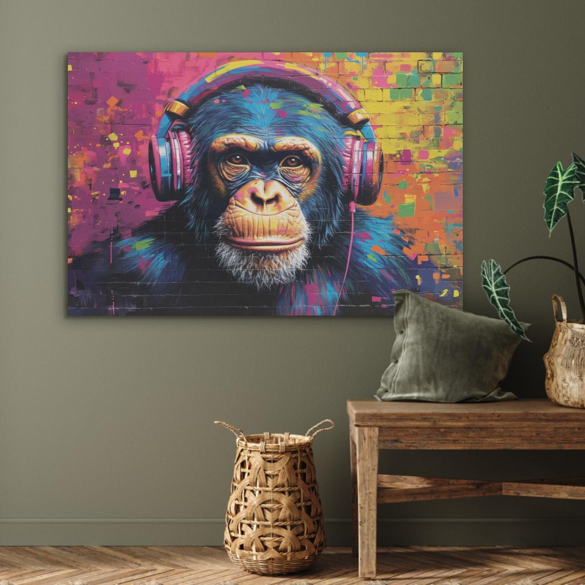 AKUSTIKBILD Graffiti - Schimpanse - Straßenkunst - Kopfhörer - Affe Wandbild Wohnzimmer 100x70 cm - Blau, Kunststoff (100/70/0.9cm) - MuchoWow