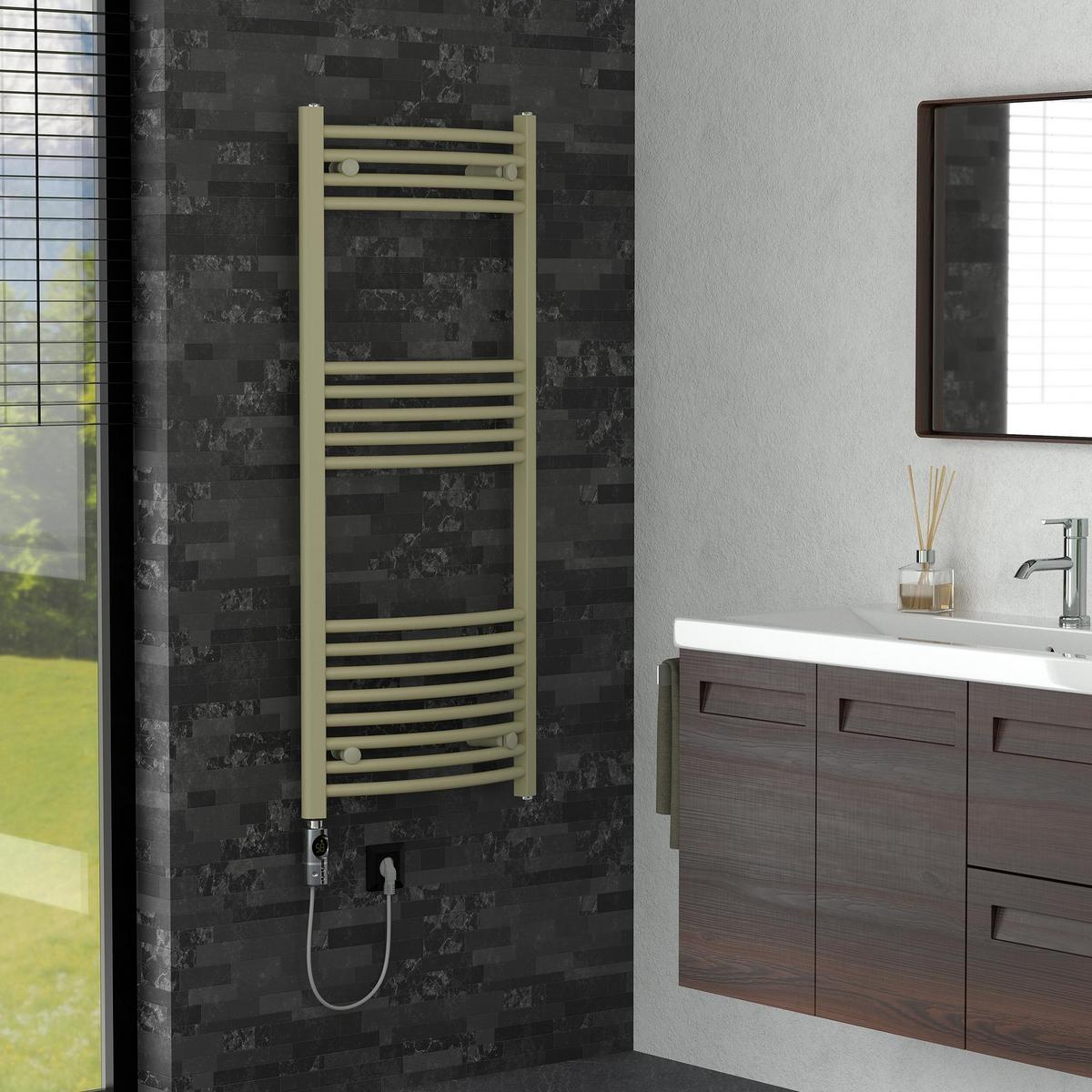 HANDTUCHHEIZKÖRPER elektrisch 500 x 1200 mm Beige Badheizkörper gebogen mit Seitenanschluss mit Heizstab 600W - Beige, Metall (50/120/3cm) - LuxeBath