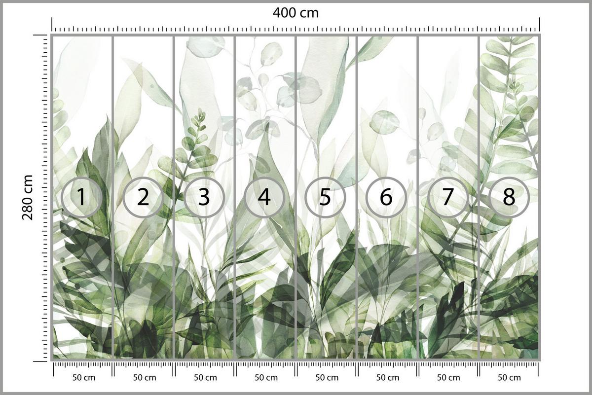 FOTOTAPETE für Schlafzimmer Aquarell Tropische Grüne Blätter Exotisch Blätter 400x280 - Weiß/Grün, Papier (400/280cm) - Muralo