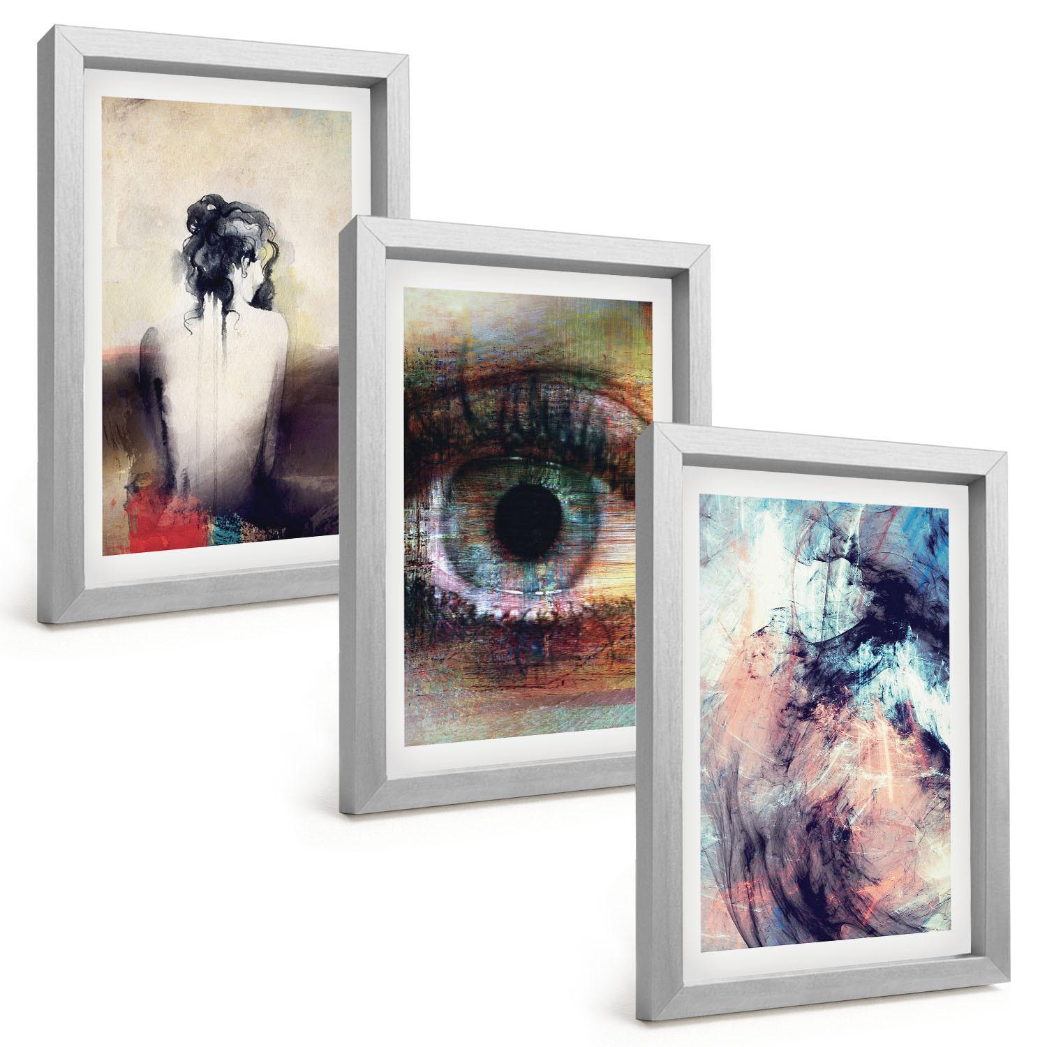BILDER SET 3er Set - 20x30 cm Silberner Rahmen - Porträt einer Frau mit abstrakten Emotionen - Silberfarben, Kunststoff (20/30cm) - TULUP