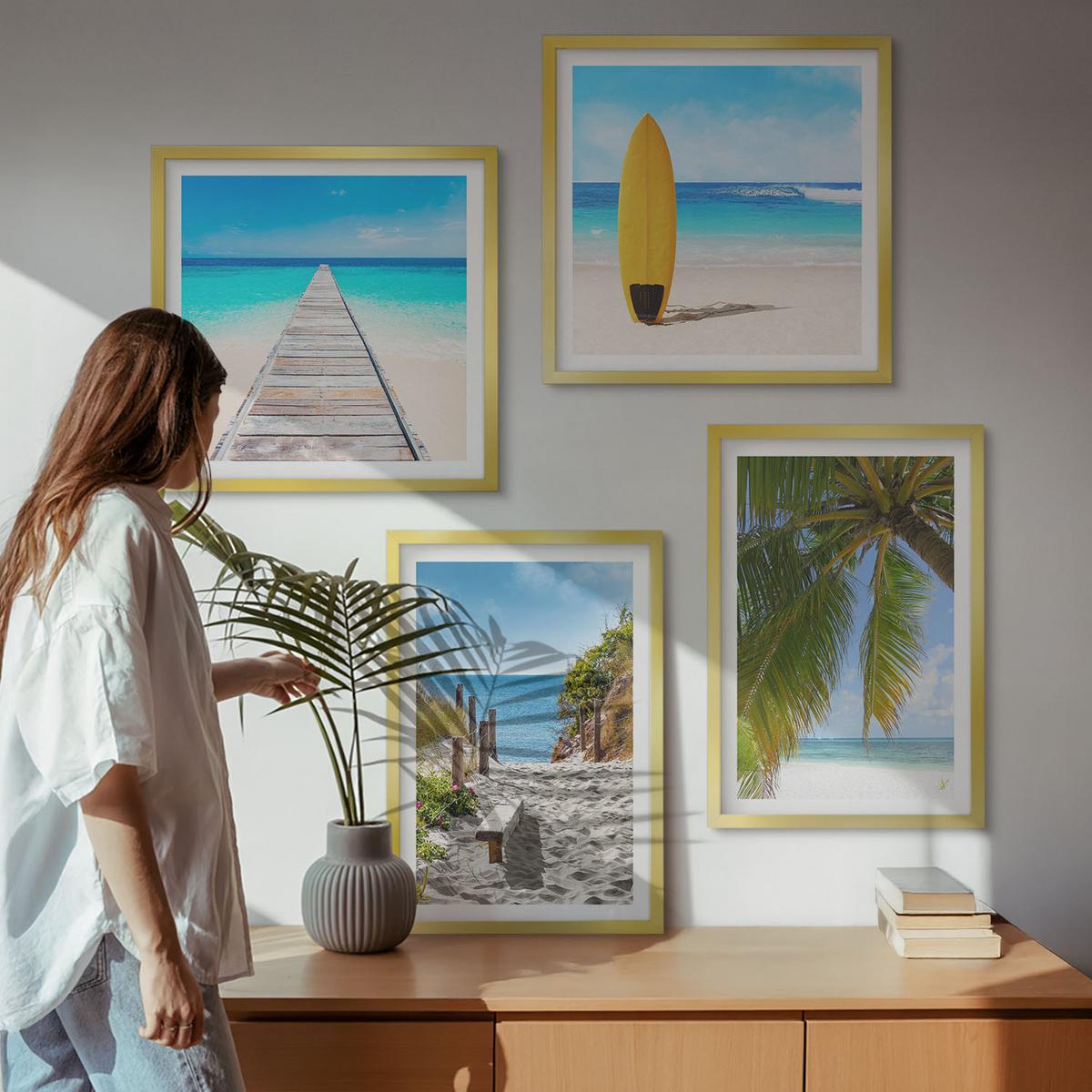 BILDER SET 4er Set - 50x50 cm & 40x60 cm Goldrahmen - Urlaubsblick Strand Palmen - Goldfarben, Kunststoff (50/50cm) - TULUP
