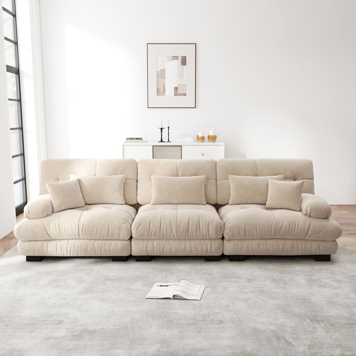 SOFA Stoff – 3-Sitzer mit Kissen - Beige, Holzwerkstoff/Textil (313/81/77cm) - Urban Meuble