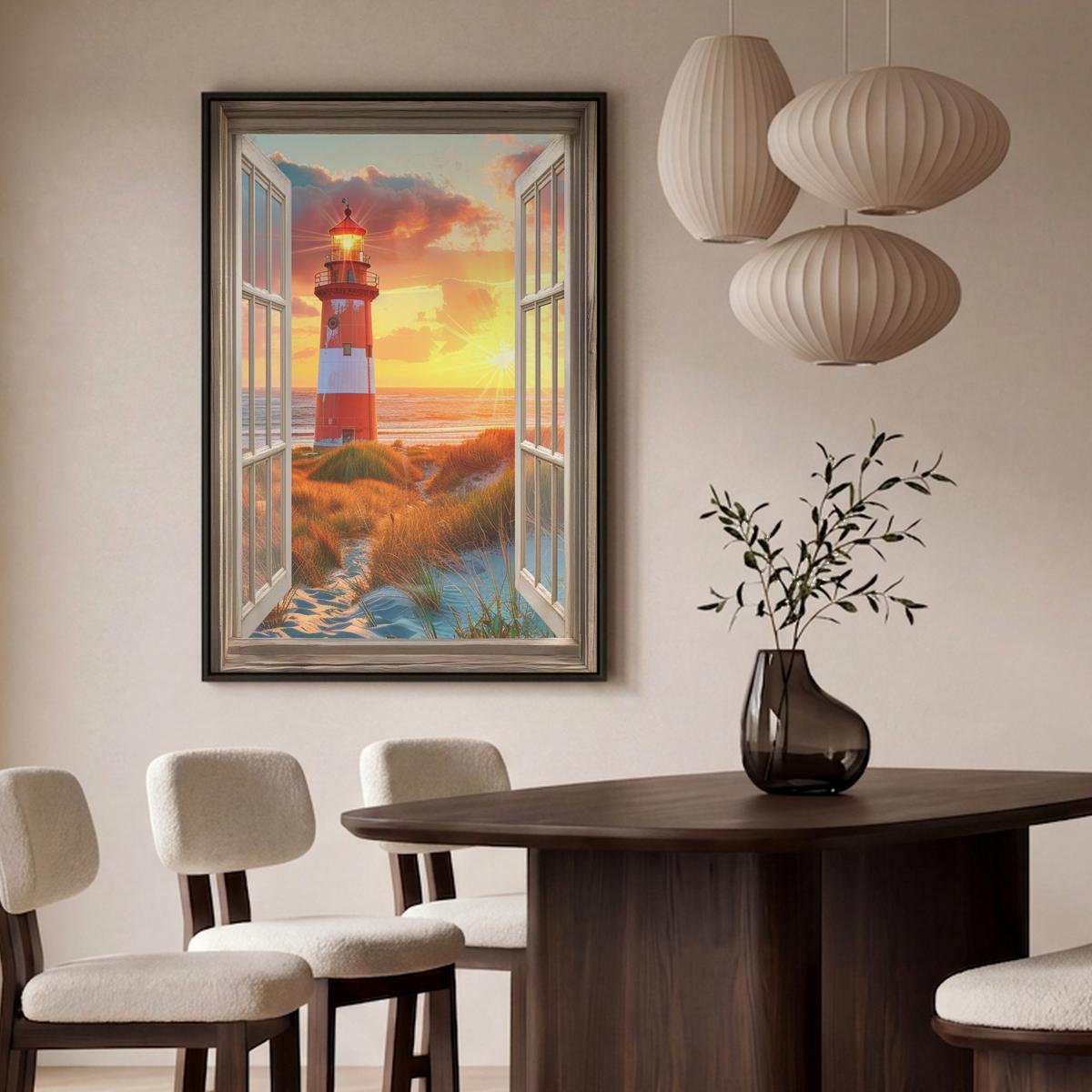 LEINWAND Bilder mit Rahmen - Aussicht - Fenster - Leuchtturm - Sonnenuntergang - Strand - 90x140 - Dunkelorange, Textil (90/140cm) - MuchoWow