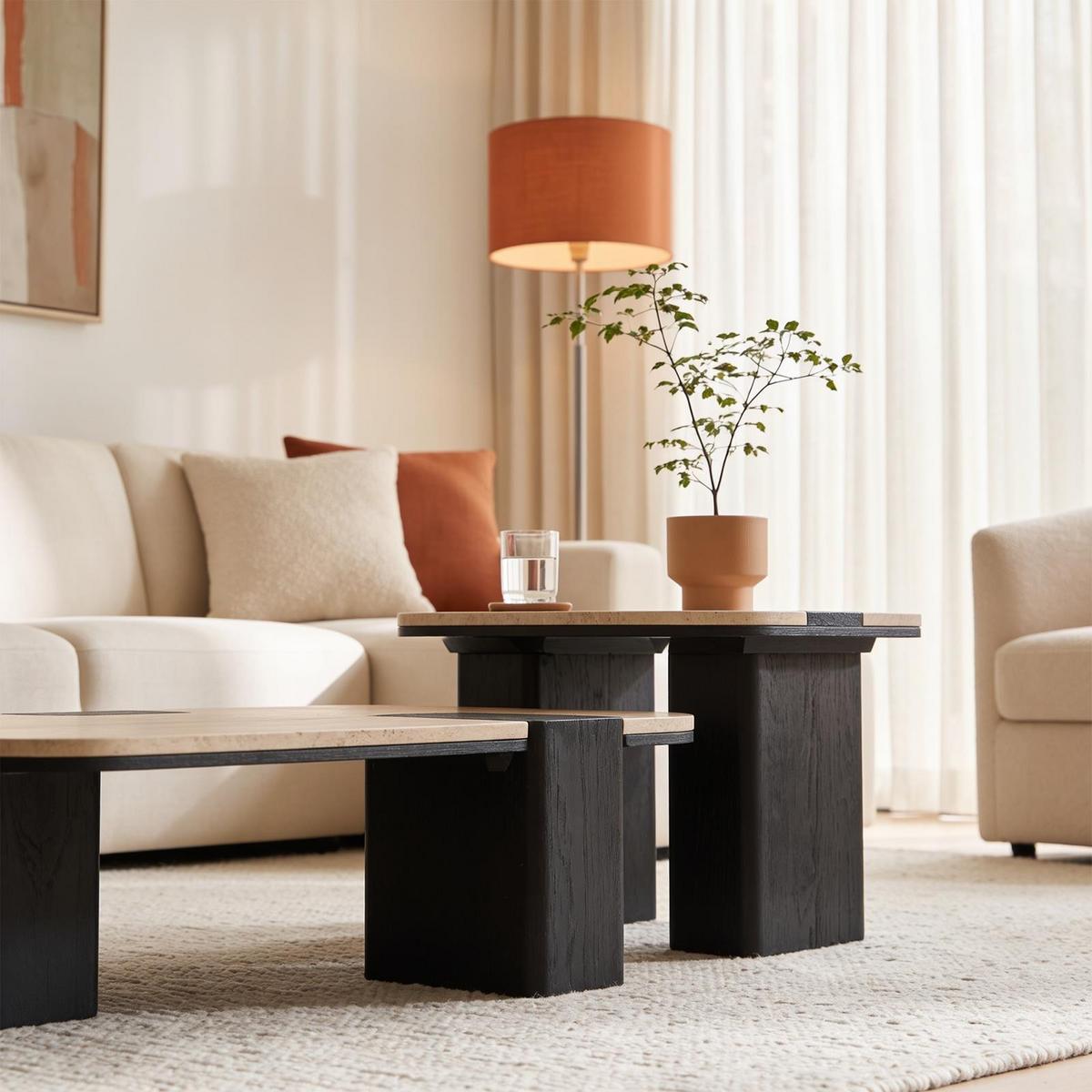 COUCHTISCHSET SURAT/DELHI 2er Set beige/schwarz - Beige/Schwarz, Holz/Naturmaterialen (60/100/27cm) - IDIMEX