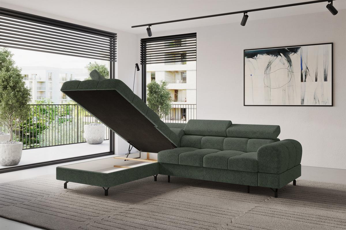 ECKSOFA mit Schlaffunktion Ottomane Links LUMA-L 272x203x70 Grün Velours - Schwarz/Grün, Holzwerkstoff/Kunststoff (272/203cm) - ALTDECOR