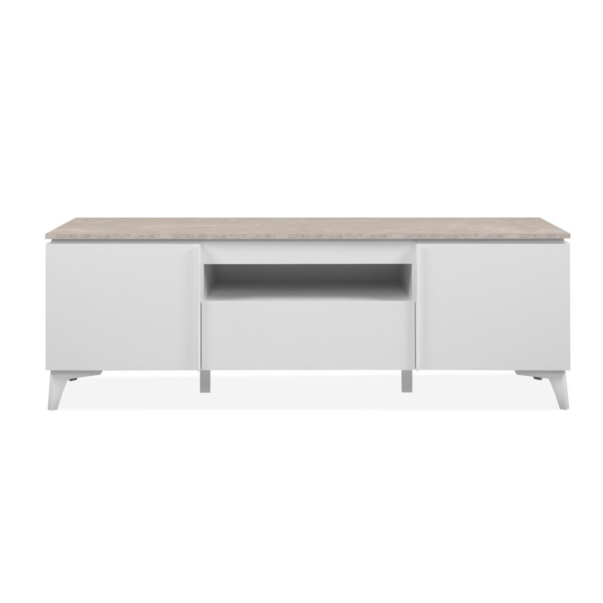 TV-MÖBEL mit 2 Türen 1 Schublade und 1 offenem Fach Dekor Travertin und Weiß 150/40/51 cm - Weiß, Holzwerkstoff (40/51/150cm) - Calicosy