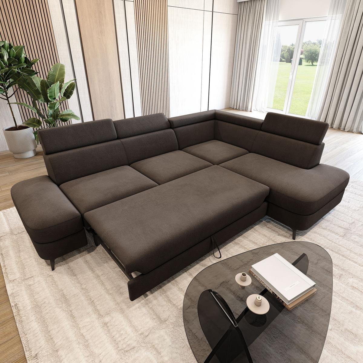 ECKSOFA AVISE MV R-S Braun Velours-Stoff mit Schlaffunktion - Braun, Holzwerkstoff/Textil (268/195cm) - MASSENO