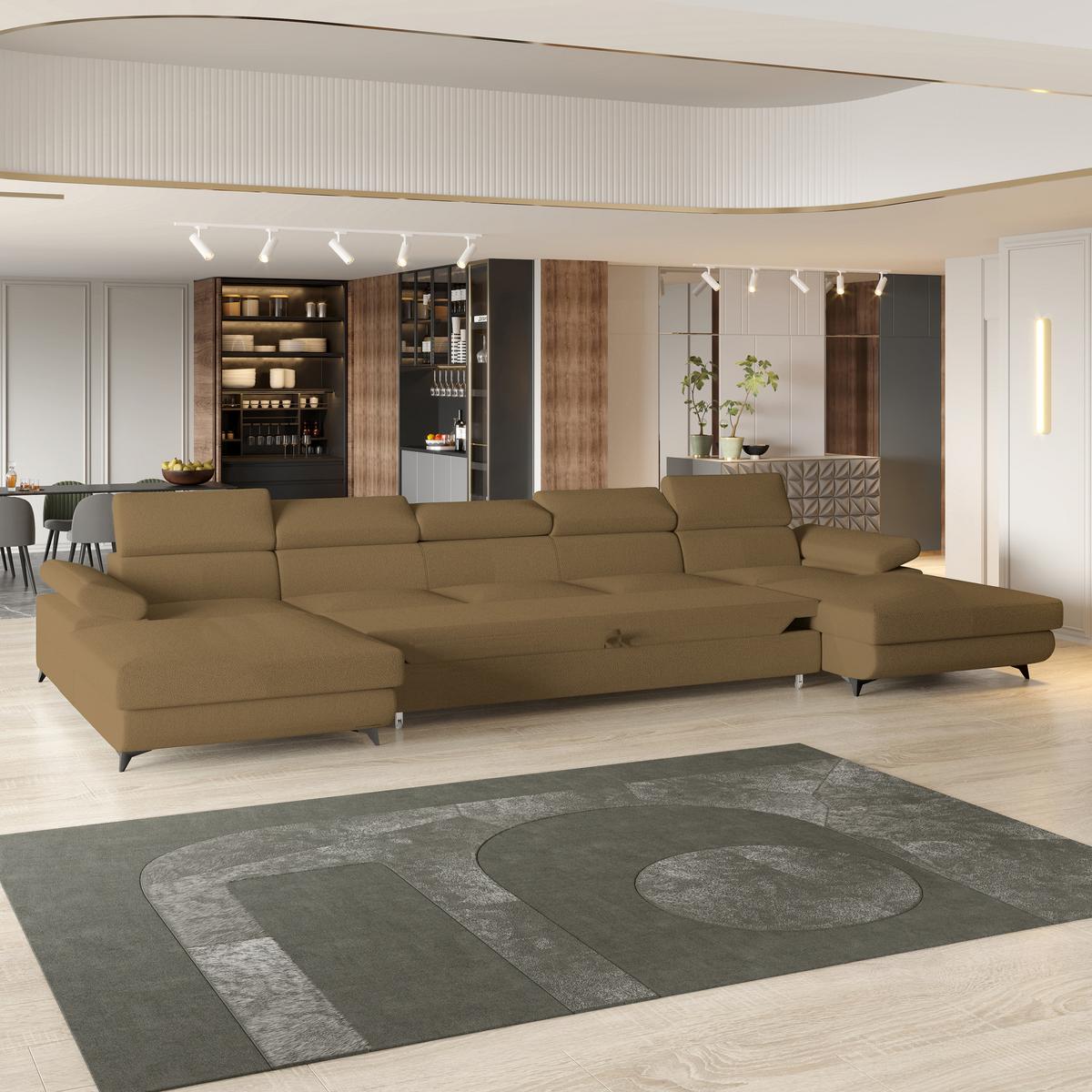 WOHNLANDSCHAFT VIVENTE Orange Boucle-Stoff mit Schlaffunktion - Orange, Holz (410/89/190cm) - MASSENO