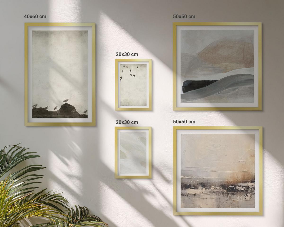 BILDER SET 5er Set - 50x50 cm & 20x30 cm & 40x60 cm Goldrahmen - Vögel, Steine, Pinselstriche, Verzierungen - Goldfarben, Kunststoff (40/60cm) - TULUP