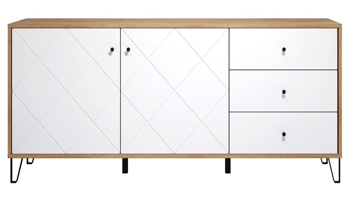 SIDEBOARD weiß matt mit Rautenoptik, Eiche Artisan 183 cm, Kommode mit Soft-Close - Eichefarben/Schwarz, Holzwerkstoff/Kunststoff (183/76/40cm) - Top.Furn
