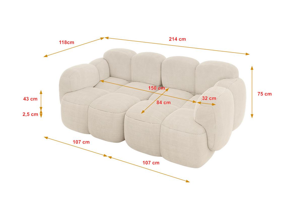 2-SITZER modulares Sofa Miko-S1 214x118x75 cm Beige Cord - Beige/Schwarz, Holzwerkstoff/Kunststoff (214/75/118cm) - ALTDECOR