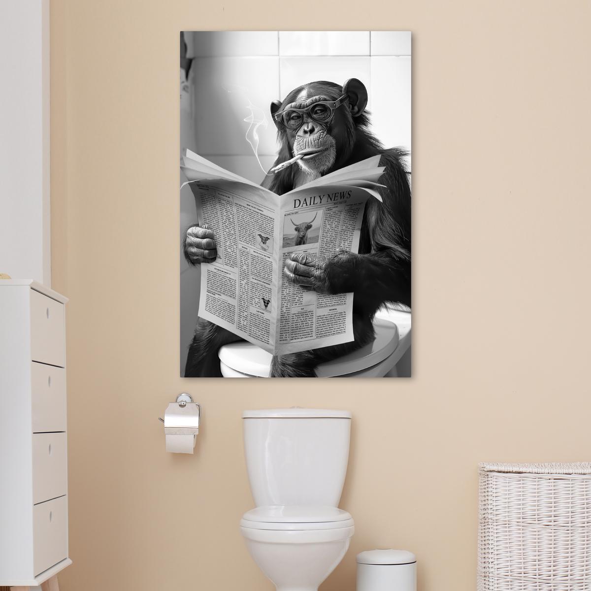 LEINWANDBILD Affe - WC - Zeitung - Schwarz-Weiß - Humor Deko XXL 80x120 cm - Hellgrau, Textil (80/120cm) - MuchoWow