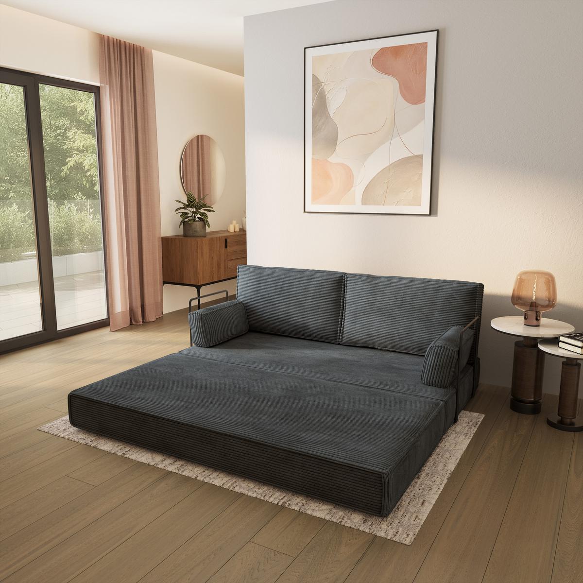 BETTSOFA SILAR aus Schaumstoff Kordstoff Grau Schlaffunktion - Dunkelgrau, Textil (170/86/80cm) - MASSENO
