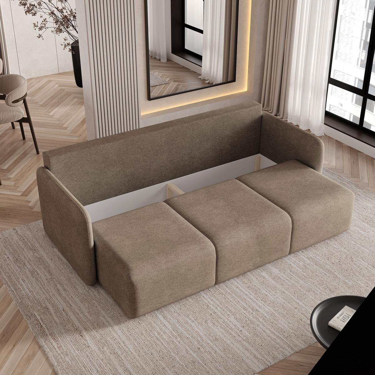 BETTSOFA SUVI III NV Braun Geflochtener Stoff mit Schlaffunktion - Hellbraun, Textil (90/85/220cm) - MASSENO