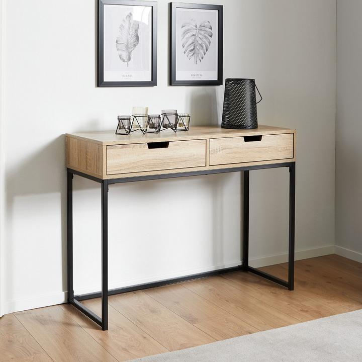 Konsolentisch aus Holz mit schwarzen Metallfüßen