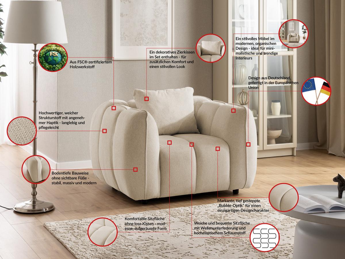 SESSEL Nubira in tief gesteppter Bubble-Optik aus weichem Hellbeige Strukturstoff im modernen Design - Beige/Schwarz, Holz/Kunststoff (115/69/89cm) - S-Style Möbel
