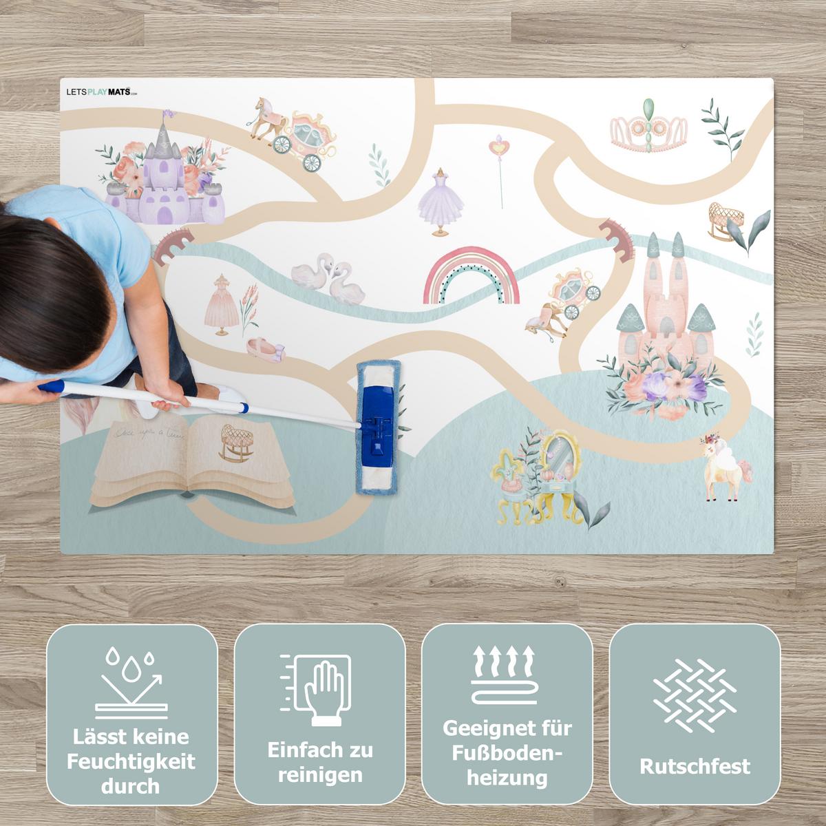 KINDERTEPPICH Prinzessin - Schloss - Blumen - Einhorn - Mädchen Spielmatte 135x90 cm - Weiß, Kunststoff (135/0.3cm) - OnlyWow
