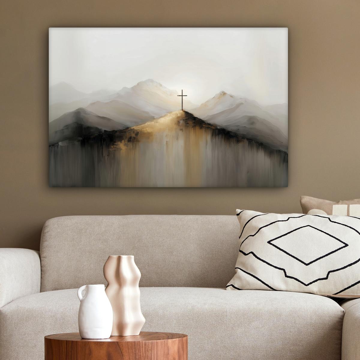 LEINWANDBILD Hügel - Abstrakt - Kreuz - Christentum Wanddeko 90x60 cm - Beige, Textil (90/60cm) - MuchoWow