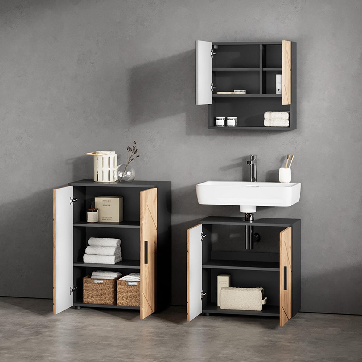 BADMÖBEL-SET Ronco Goldkraft Eiche/Anthrazit 3 Teile, mit Unterschrank 60 cm - Honigeiche/Anthrazit, Holzwerkstoff (60/59/30cm) - Livinity®