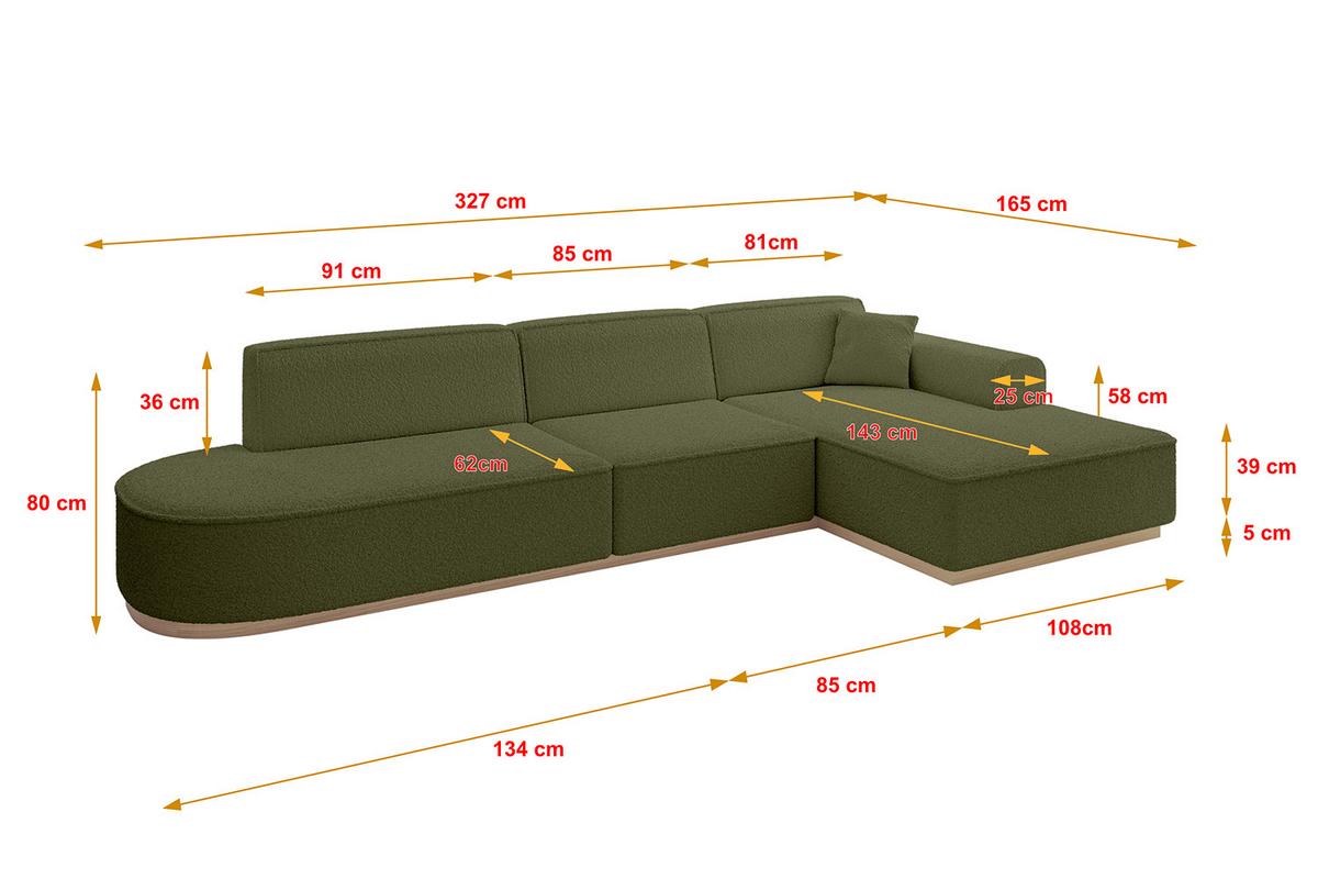 ECKSOFA Ottomane Rechts IREA-L2 - 327x165x80 cm Grün - Platinfarben, Holzwerkstoff/Textil (327/165cm) - ALTDECOR