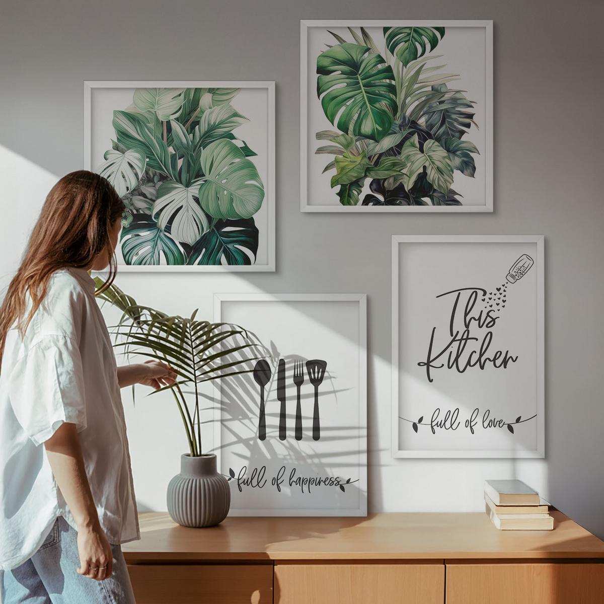 BILDER SET 4er Set - 50x50 cm & 40x60 cm Weißer Rahmen - Küchenutensilienmuster Blätter - Weiß, Kunststoff (50/50cm) - TULUP