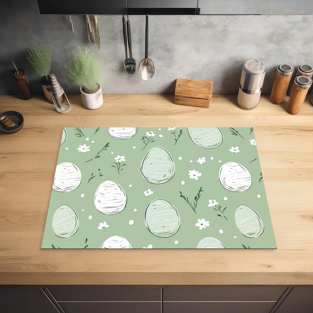 HERDABDECKPLATTE Grün - Eier - Muster Induktionsmatte 71x52 cm - Waldgrün, Kunststoff (71/52/0.2cm) - MuchoWow