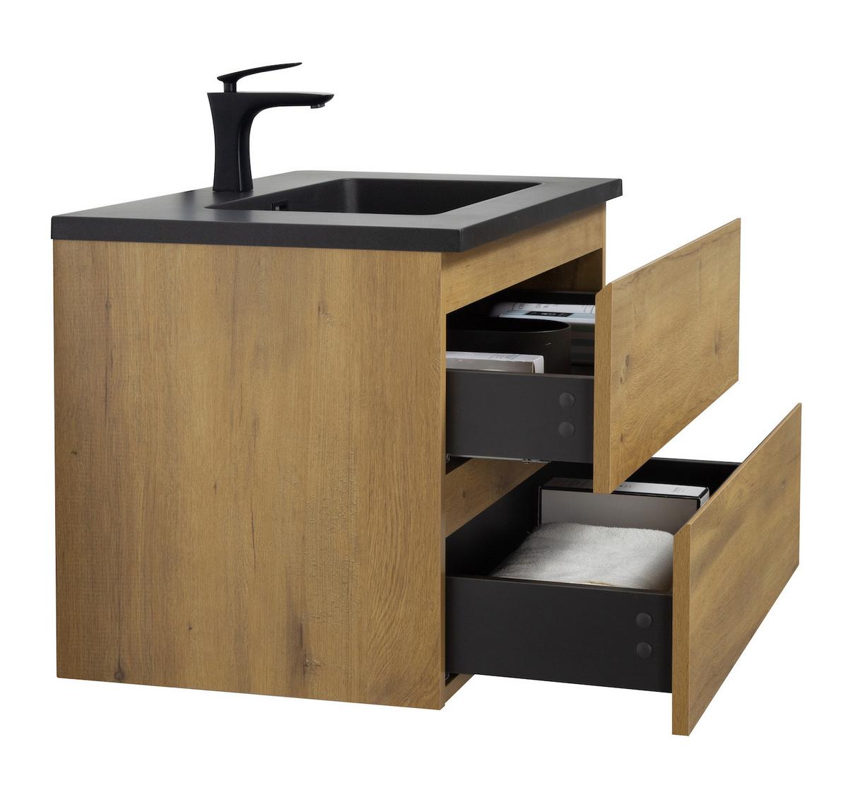 WASCHTISCHKOMBI Angela 2 Teile - Eiche Mit Schwarzem Waschbecken - 80 x 48 x 52 cm - Eichefarben/Schwarz, Holz (80/52/48cm) - Badplaats