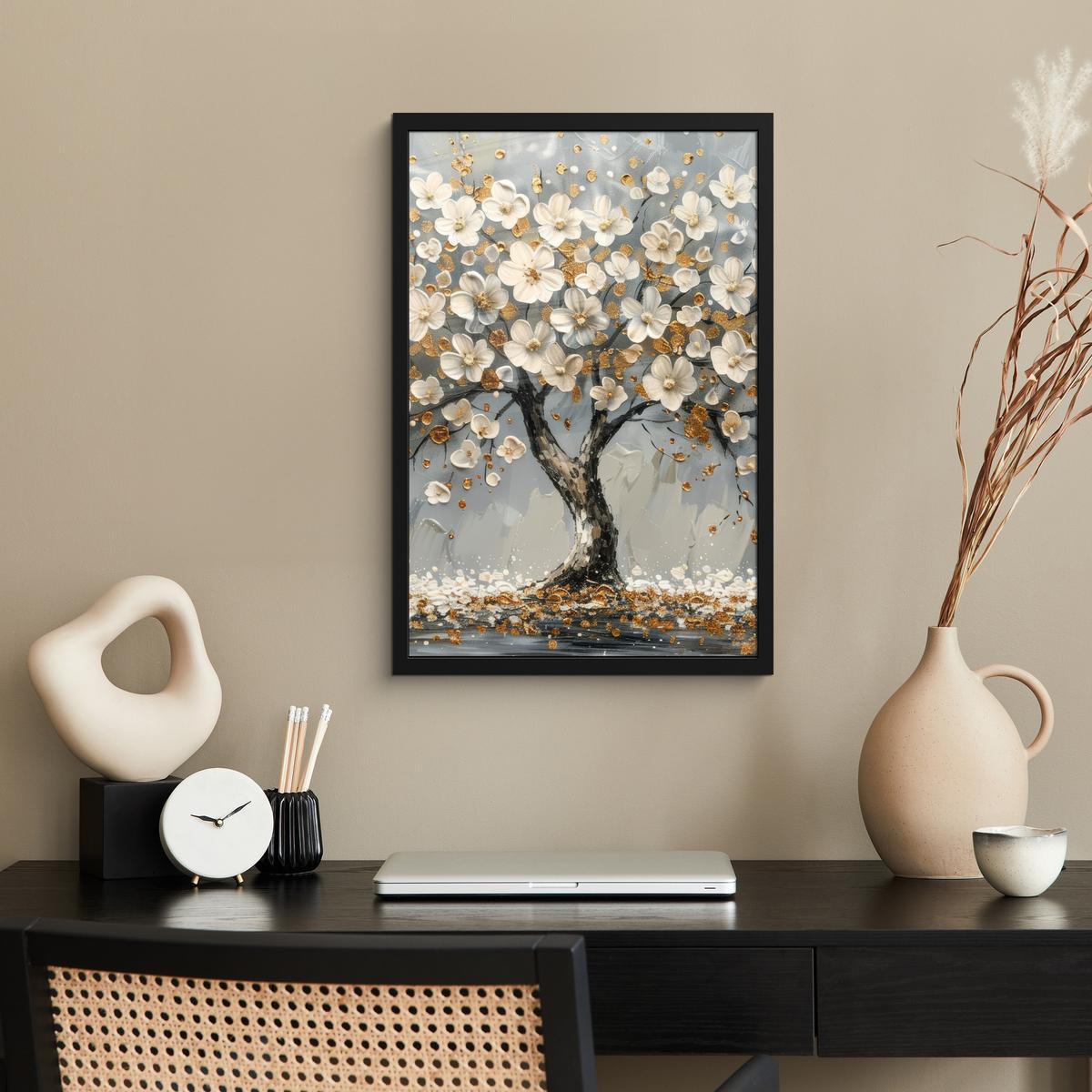 POSTER MIT RAHMEN Baum - Blumen - Weiß - Natur - Kunst Bilder mit Rahmen 40x60 cm - Weiß, Papier (40/60cm) - MuchoWow