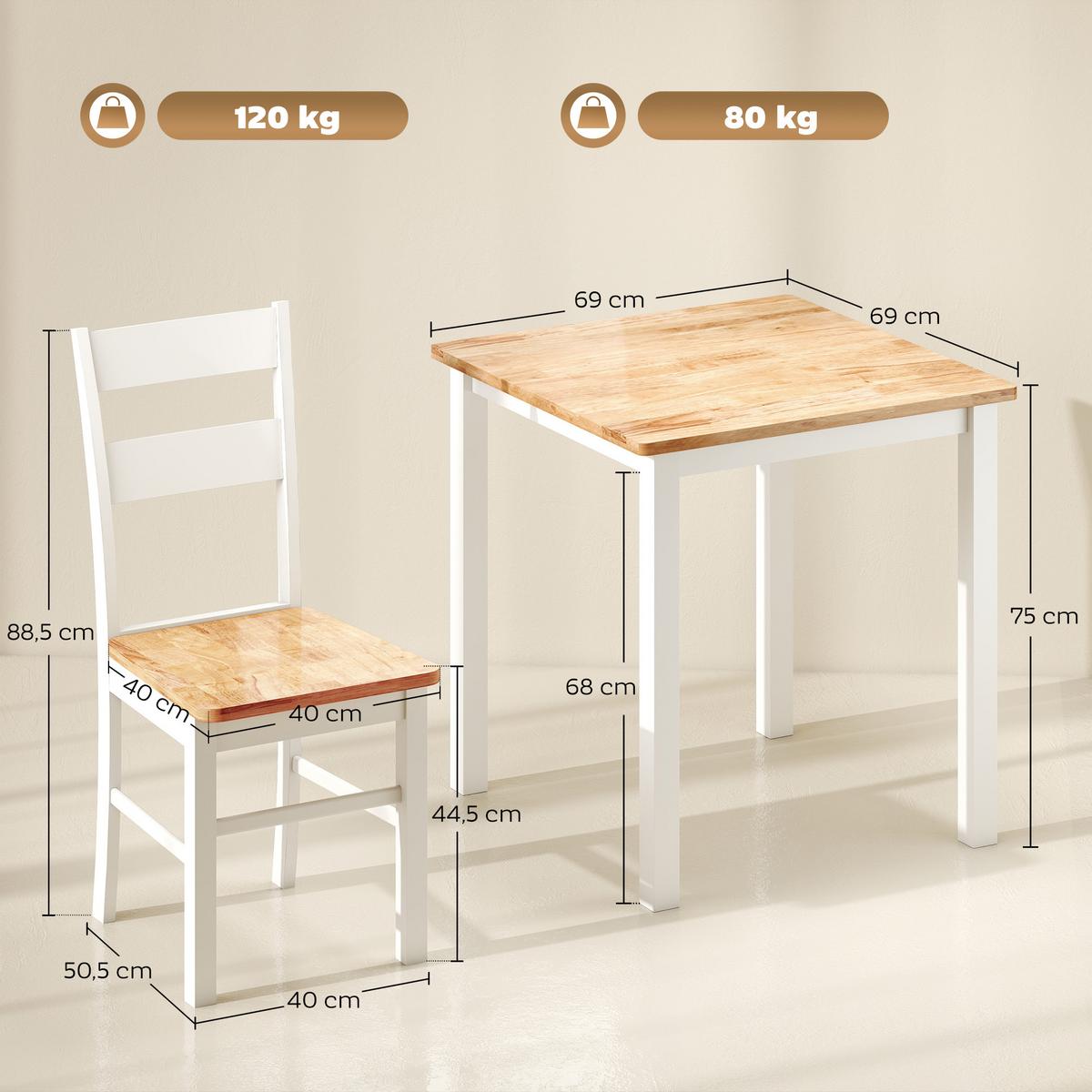 ESSTISCH 69 x 69 cm Esszimmerstühle 2er Set Küchentisch für 2-4 Personen Eiche - Eichefarben/Weiß, Holz (69/75/69cm) - HOMCOM