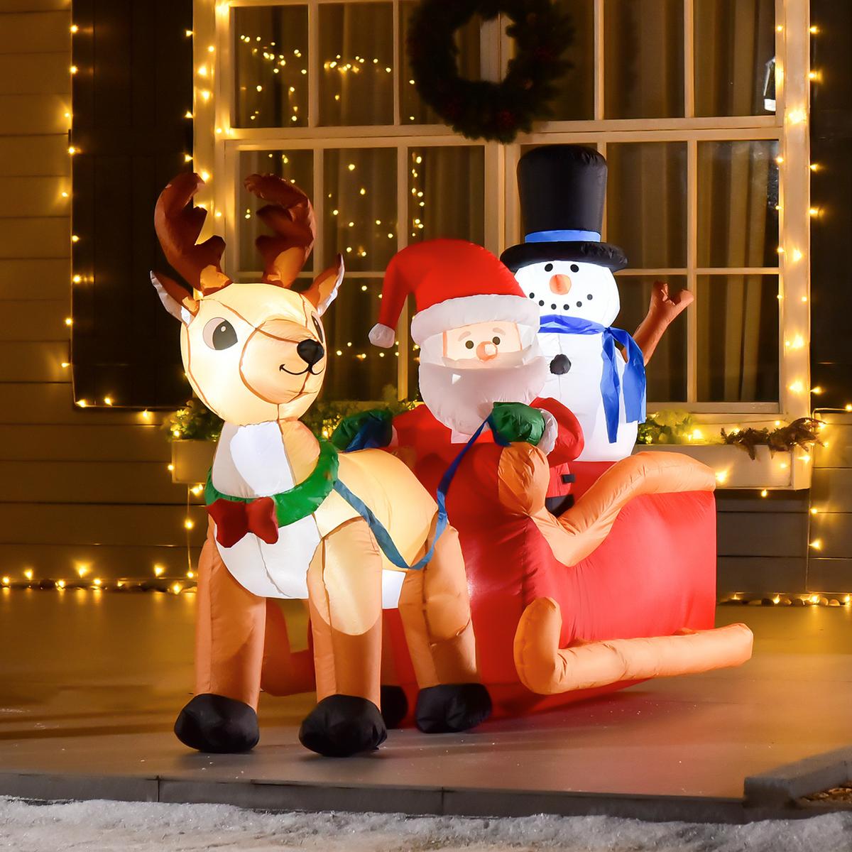 AUFBLASBARER Weihnachtsmann auf Schlitten mit Schneemann LED Polyester - Multicolor, Kunststoff (80/128/200cm) - HOMCOM