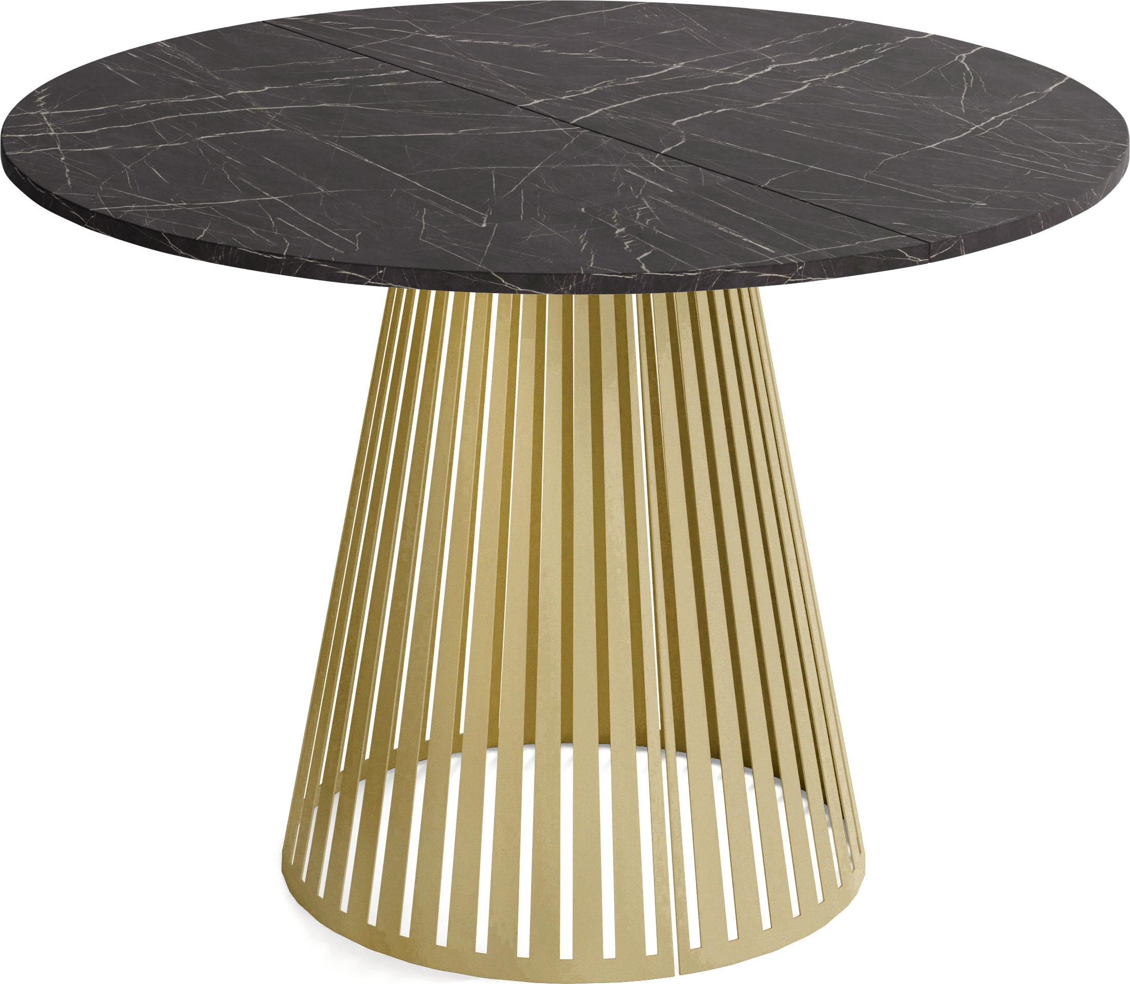 ESSTISCH Naro rund ausziehbar mit Goldenem Lamellen-Metallgestell, Marmor Schwarz 100-180/100/76 cm - Anthrazit/Goldfarben, Holzwerkstoff/Metall (100/176/76cm) - WFL GROUP