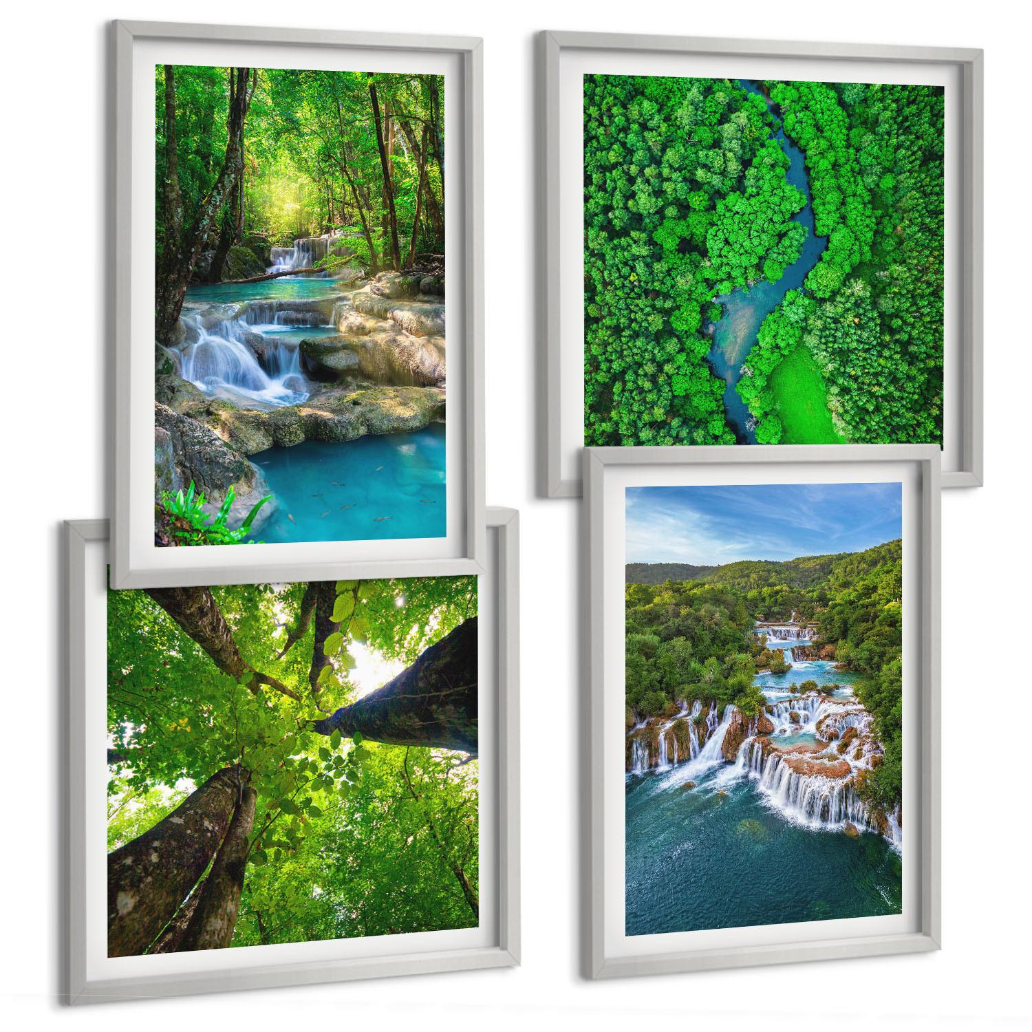 BILDER SET 4er Set - 50x50 cm & 40x60 cm Silberner Rahmen - Wasserfälle grüner Wald Wasser - Silberfarben, Kunststoff (50/50cm) - TULUP