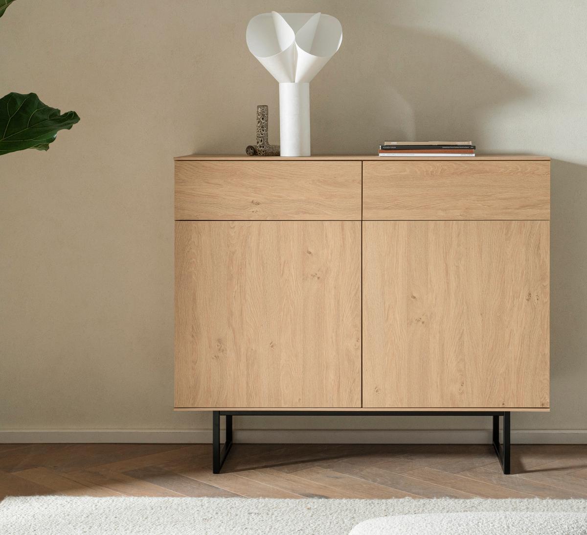 SIDEBOARD Stone Eiche, Kommode 115 x 98 cm, mit Push-to-Open - Eichefarben/Schwarz, Holzwerkstoff/Metall (115/98/40cm) - Furn.Design