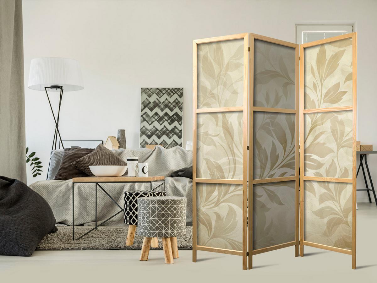 PARAVENT Japanischer 3-tlg 135x172 cm Retro Bl tter - Beige, Holz/Textil (135/172/3cm) - Muralo