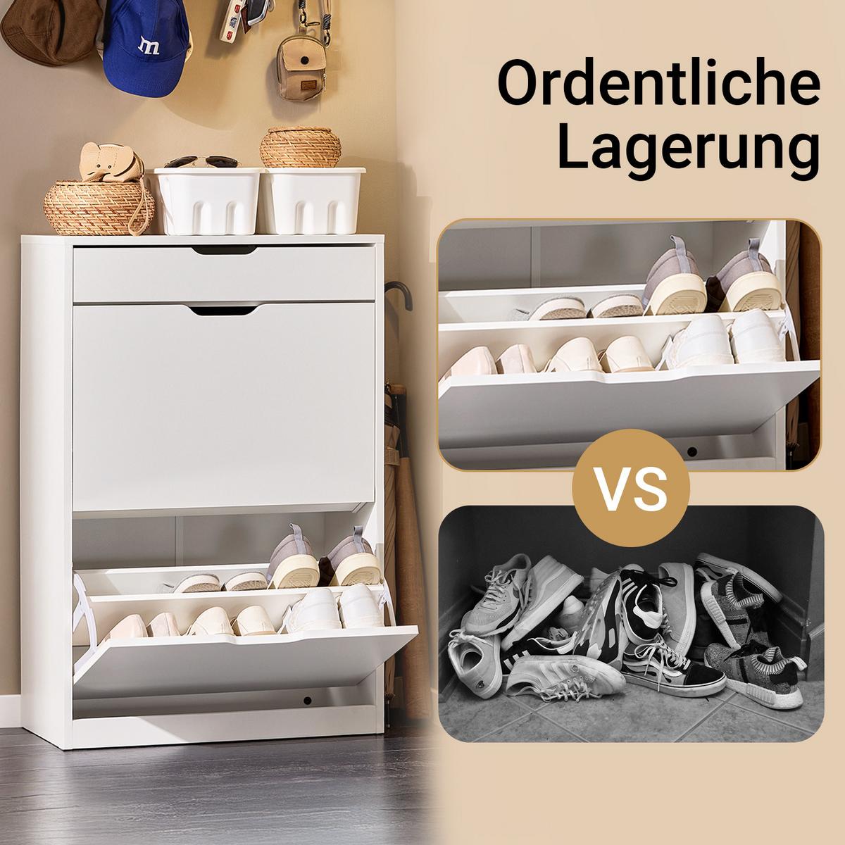 SCHUHSCHRANK mit 2 Klappen und 1 Schublade, Weiß 60x90x30cm - Weiß, Holzwerkstoff (60/90/30cm) - SoBuy