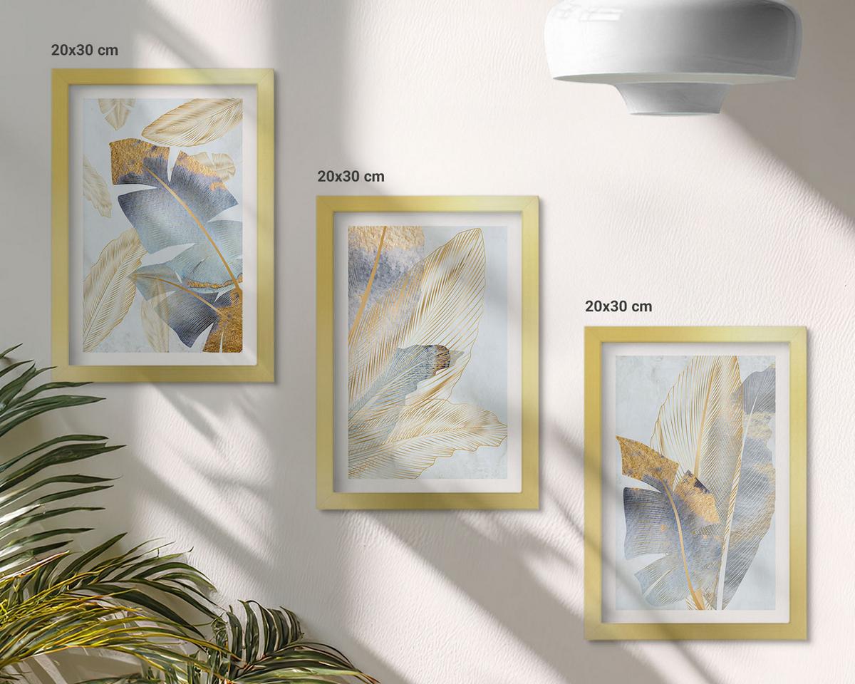 BILDER SET 3er Set - 20x30 cm Goldrahmen - Hellblau-beige Blätter - Goldfarben, Kunststoff (20/30cm) - TULUP